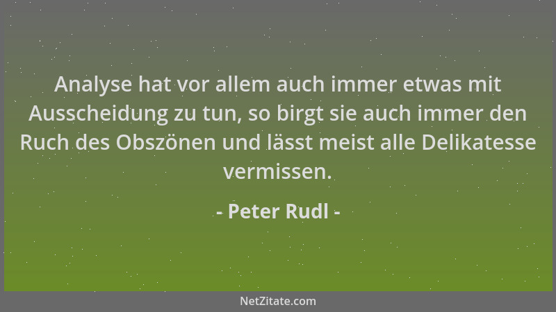 Peter Rudl - Analyse hat vor allem auch immer etwas mit Ausscheidung zu tun, so birgt sie auch immer den Ruch des Obszönen...