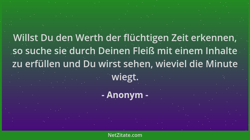 Anonym - Willst Du den Werth der flüchtigen Zeit erkennen, so suche sie durch Deinen Fleiß mit einem Inhalte zu erfüllen un...