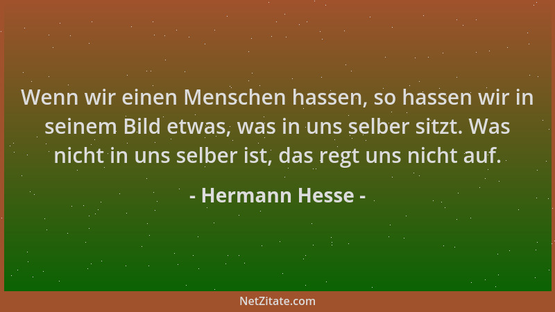 Hermann Hesse - Wenn wir einen Menschen hassen, so hassen wir in seinem Bild etwas, was in uns selber sitzt. Was nicht in u...