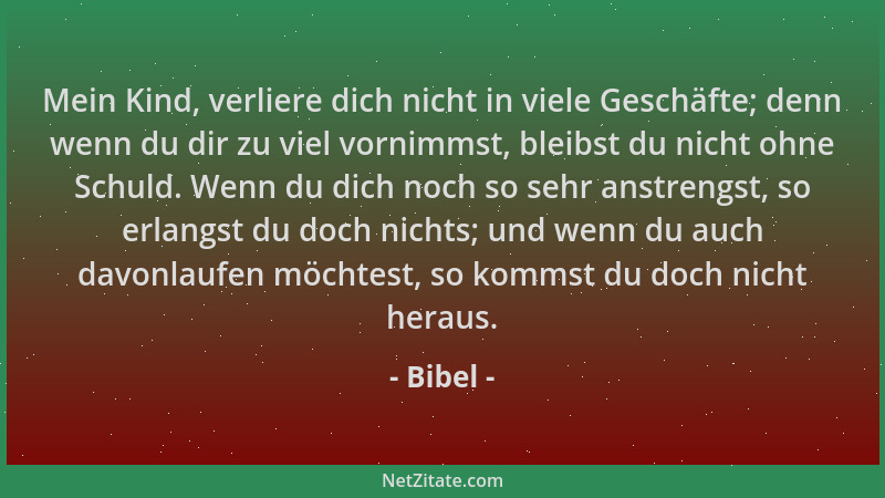 Bibel - Mein Kind, verliere dich nicht in viele Geschäfte; denn wenn du dir zu viel vornimmst, bleibst du nicht ohne Schuld...