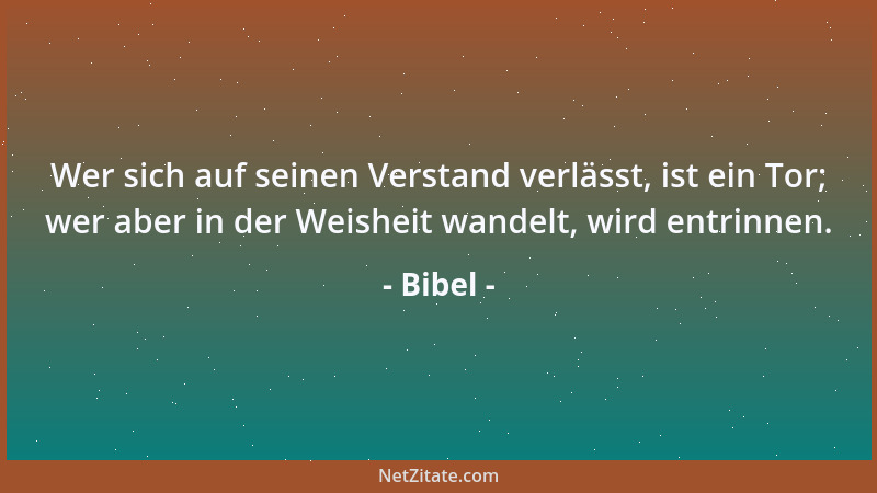 Bibel - Wer sich auf seinen Verstand verlässt, ist ein Tor; wer aber in der Weisheit wandelt, wird entrinnen....