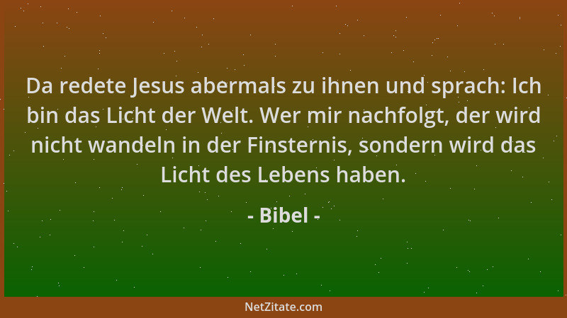 Bibel - Da redete Jesus abermals zu ihnen und sprach: Ich bin das Licht der Welt. Wer mir nachfolgt, der wird nicht wandeln...