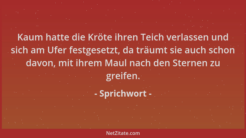 Sprichwort - Kaum hatte die Kröte ihren Teich verlassen und sich am Ufer festgesetzt, da träumt sie auch schon davon, mit i...