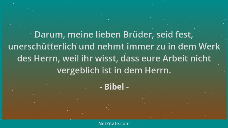 Bibel - Darum, meine lieben Brüder, seid fest, unerschütterlich und nehmt immer zu in dem Werk des Herrn, weil ihr wisst, d...