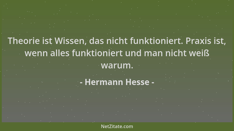 Hermann Hesse - Theorie ist Wissen, das nicht funktioniert. Praxis ist, wenn alles funktioniert und man nicht weiß warum....