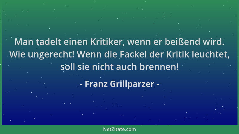 Franz Grillparzer - Man tadelt einen Kritiker, wenn er beißend wird. Wie ungerecht! Wenn die Fackel der Kritik leuchtet, so...