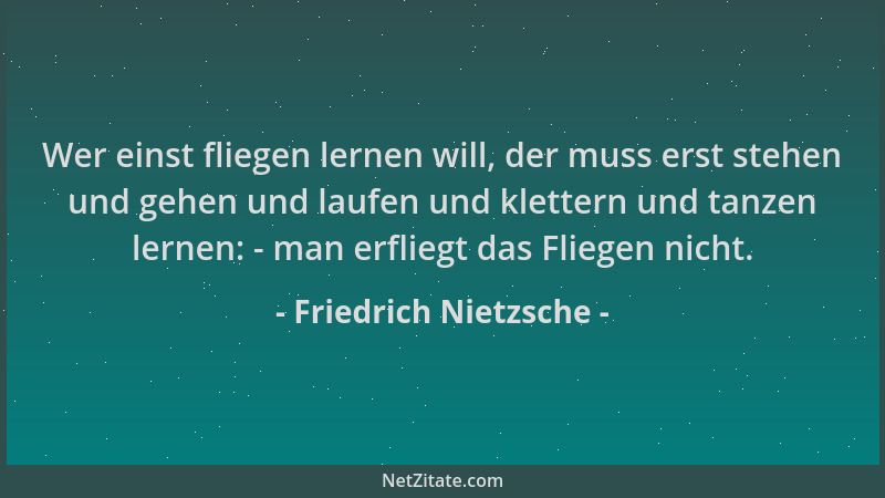 Friedrich Nietzsche - Wer einst fliegen lernen will, der muss erst stehen und gehen und laufen und klettern und tanzen lern...