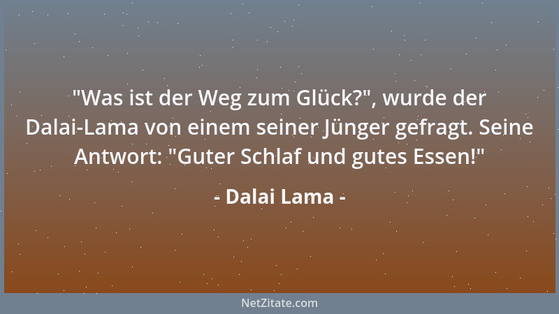 Dalai Lama -  "Was ist der Weg zum Glück? ", wurde der Dalai-Lama von einem seiner Jünger gefragt. Seine Antwort:  "Guter Schl...
