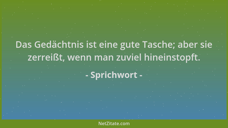 Sprichwort - Das Gedächtnis ist eine gute Tasche; aber sie zerreißt, wenn man zuviel hineinstopft....