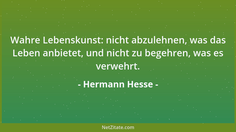 Hermann Hesse - Wahre Lebenskunst: nicht abzulehnen, was das Leben anbietet, und nicht zu begehren, was es verwehrt....