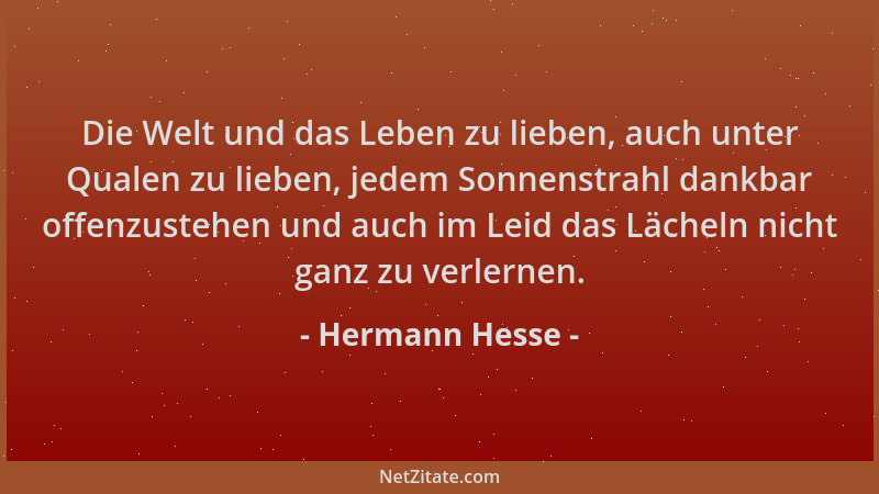 Hermann Hesse - Die Welt und das Leben zu lieben, auch unter Qualen zu lieben, jedem Sonnenstrahl dankbar offenzustehen und...