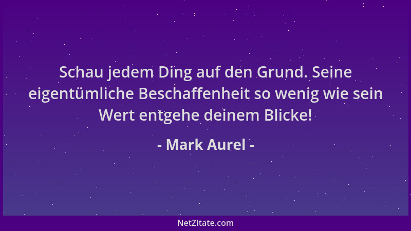 Mark Aurel - Schau jedem Ding auf den Grund. Seine eigentümliche Beschaffenheit so wenig wie sein Wert entgehe deinem Blick...