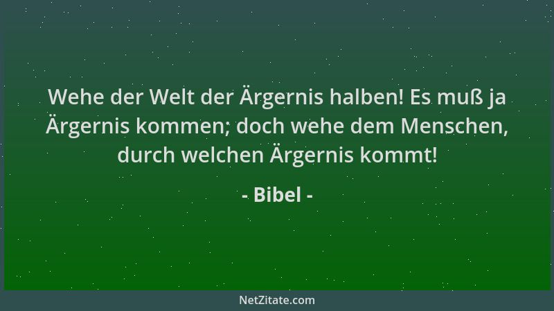 Bibel - Wehe der Welt der Ärgernis halben! Es muß ja Ärgernis kommen; doch wehe dem Menschen, durch welchen Ärgernis kommt!...