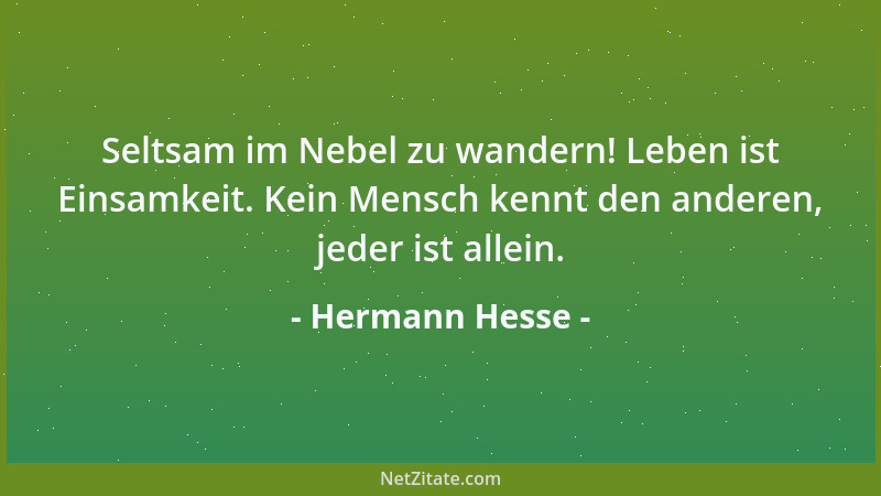 Hermann Hesse - Seltsam im Nebel zu wandern! Leben ist Einsamkeit. Kein Mensch kennt den anderen, jeder ist allein....