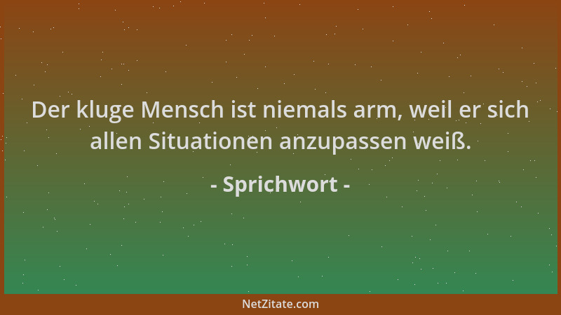 Sprichwort - Der kluge Mensch ist niemals arm, weil er sich allen Situationen anzupassen weiß....