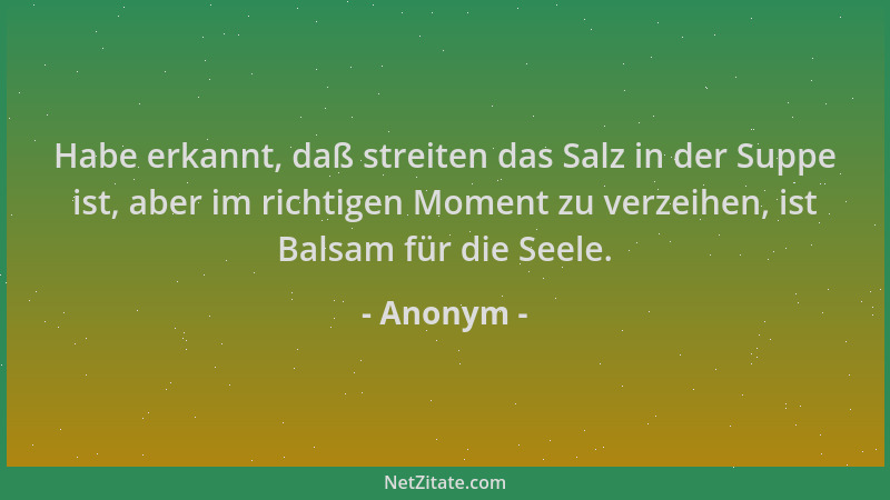 Anonym - Habe erkannt, daß streiten das Salz in der Suppe ist, aber im richtigen Moment zu verzeihen, ist Balsam für die Se...