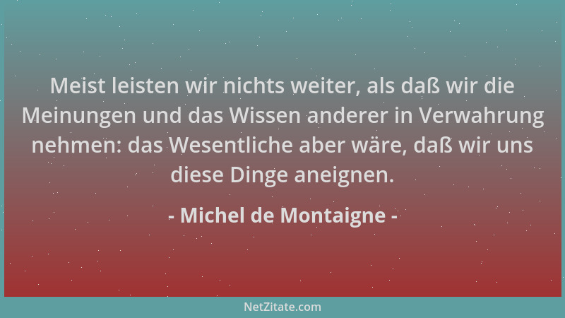 Michel de Montaigne - Meist leisten wir nichts weiter, als daß wir die Meinungen und das Wissen anderer in Verwahrung nehme...