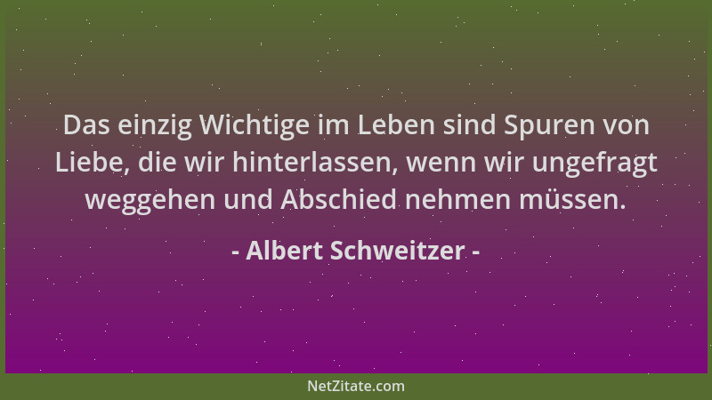 Albert Schweitzer - Das einzig Wichtige im Leben sind Spuren von Liebe, die wir hinterlassen, wenn wir ungefragt weggehen u...