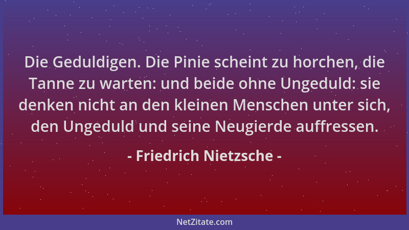 Friedrich Nietzsche - Die Geduldigen. Die Pinie scheint zu horchen, die Tanne zu warten: und beide ohne Ungeduld: sie denke...
