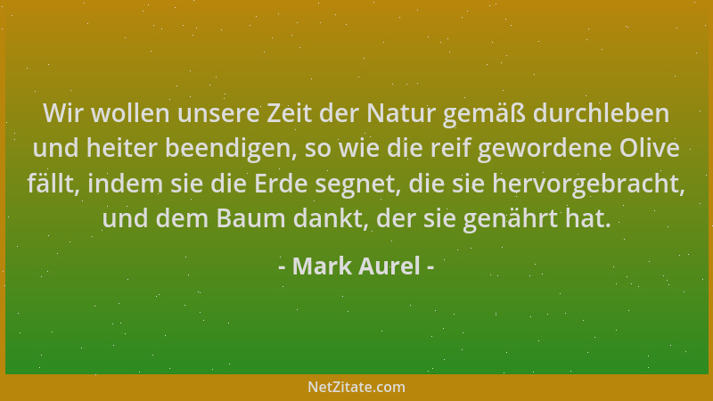 Mark Aurel - Wir wollen unsere Zeit der Natur gemäß durchleben und heiter beendigen, so wie die reif gewordene Olive fällt,...
