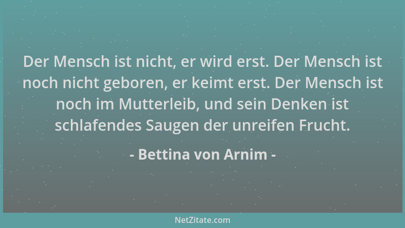 Bettina von Arnim - Der Mensch ist nicht, er wird erst. Der Mensch ist noch nicht geboren, er keimt erst. Der Mensch ist no...