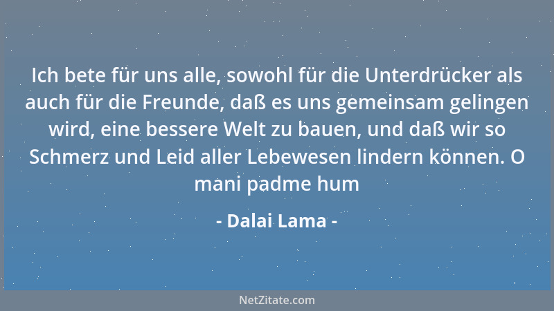 Dalai Lama - Ich bete für uns alle, sowohl für die Unterdrücker als auch für die Freunde, daß es uns gemeinsam gelingen wir...