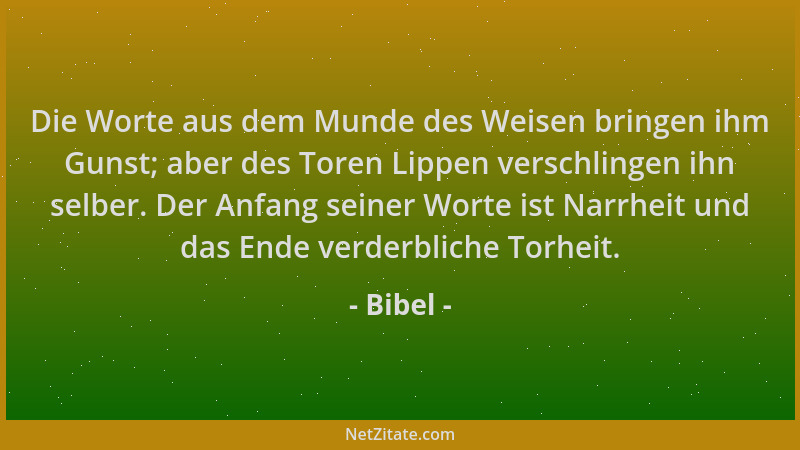 Bibel - Die Worte aus dem Munde des Weisen bringen ihm Gunst; aber des Toren Lippen verschlingen ihn selber. Der Anfang sei...