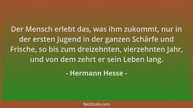 Hermann Hesse - Der Mensch erlebt das, was ihm zukommt, nur in der ersten Jugend in der ganzen Schärfe und Frische, so bis...