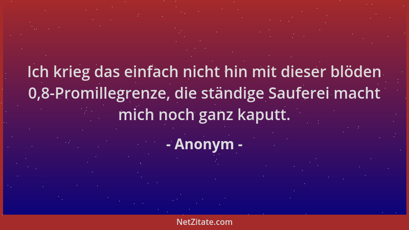 Anonym - Ich krieg das einfach nicht hin mit dieser blöden 0,8-Promillegrenze, die ständige Sauferei macht mich noch ganz k...