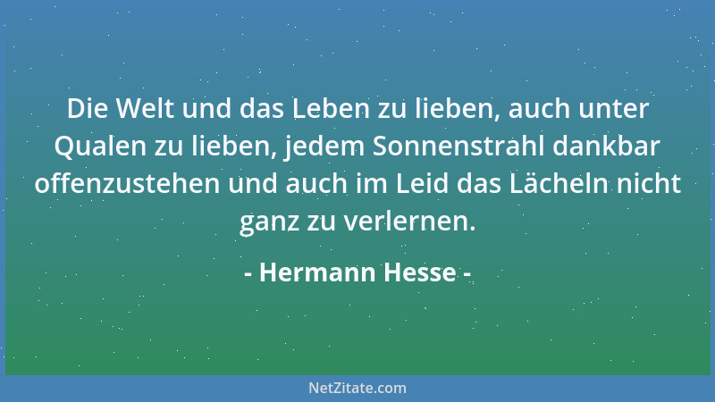 Hermann Hesse - Die Welt und das Leben zu lieben, auch unter Qualen zu lieben, jedem Sonnenstrahl dankbar offenzustehen und...
