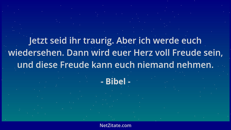 Bibel - Jetzt seid ihr traurig. Aber ich werde euch wiedersehen. Dann wird euer Herz voll Freude sein, und diese Freude kan...