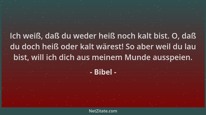 Bibel - Ich weiß, daß du weder heiß noch kalt bist. O, daß du doch heiß oder kalt wärest! So aber weil du lau bist, will ic...