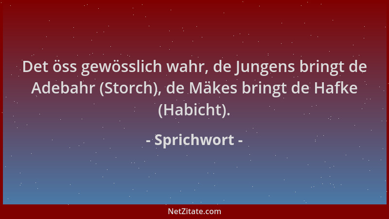 Sprichwort - Det öss gewösslich wahr, de Jungens bringt de Adebahr (Storch), de Mäkes bringt de Hafke (Habicht)....