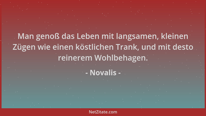 Novalis - Man genoß das Leben mit langsamen, kleinen Zügen wie einen köstlichen Trank, und mit desto reinerem Wohlbehagen....