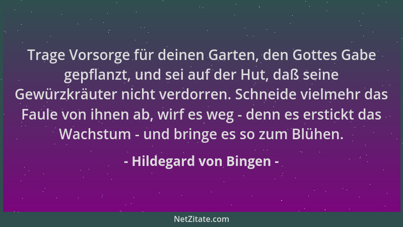 Hildegard von Bingen - Trage Vorsorge für deinen Garten, den Gottes Gabe gepflanzt, und sei auf der Hut, daß seine Gewürzkr...