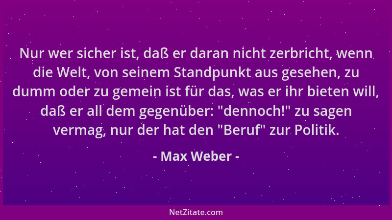 Max Weber - Nur wer sicher ist, daß er daran nicht zerbricht, wenn die Welt, von seinem Standpunkt aus gesehen, zu dumm ode...