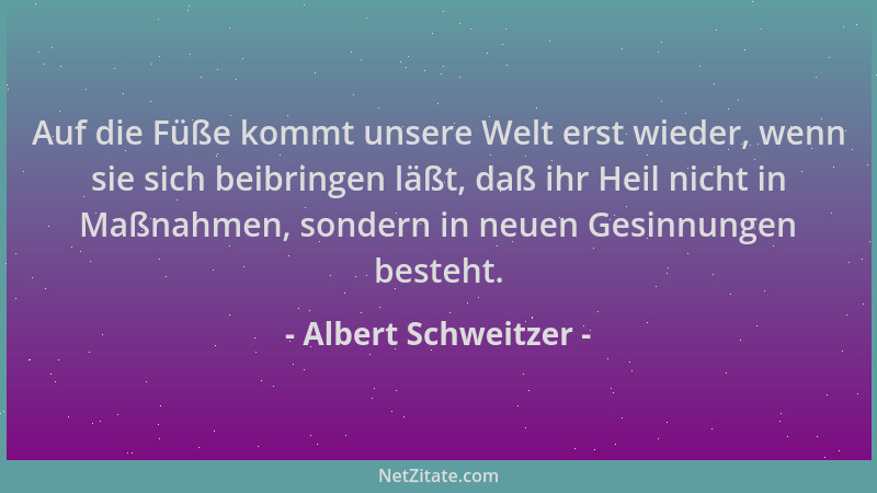 Albert Schweitzer - Auf die Füße kommt unsere Welt erst wieder, wenn sie sich beibringen läßt, daß ihr Heil nicht in Maßnah...