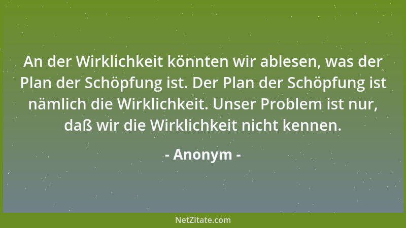 Anonym - An der Wirklichkeit könnten wir ablesen, was der Plan der Schöpfung ist. Der Plan der Schöpfung ist nämlich die Wi...