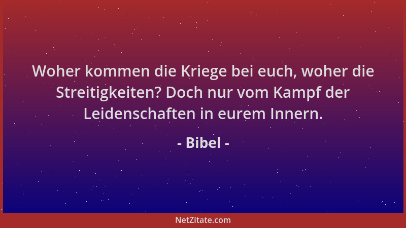 Bibel - Woher kommen die Kriege bei euch, woher die Streitigkeiten? Doch nur vom Kampf der Leidenschaften in eurem Innern....