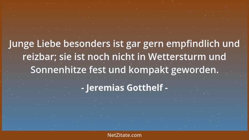 Jeremias Gotthelf - Junge Liebe besonders ist gar gern empfindlich und reizbar; sie ist noch nicht in Wettersturm und Sonne...
