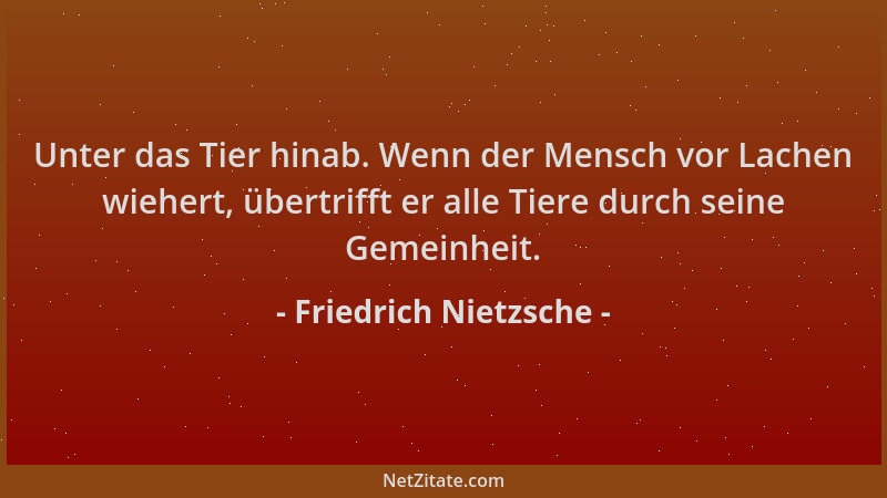 Friedrich Nietzsche - Unter das Tier hinab. Wenn der Mensch vor Lachen wiehert, übertrifft er alle Tiere durch seine Gemein...