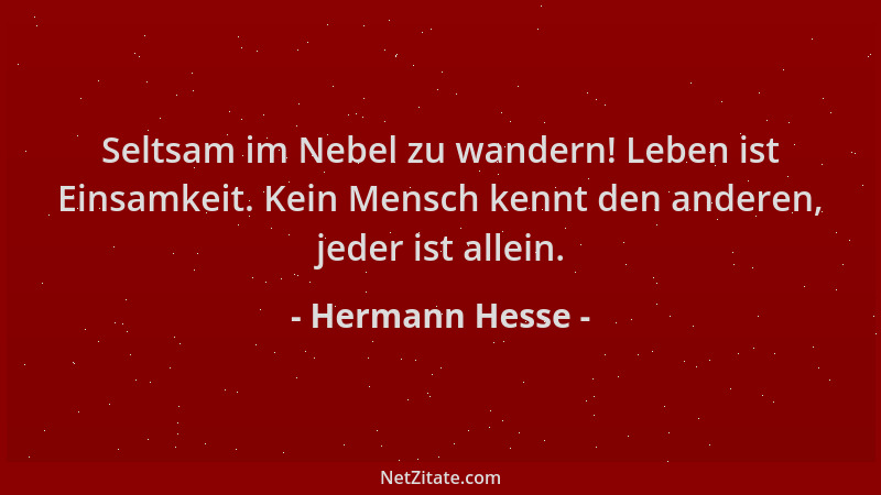 Hermann Hesse - Seltsam im Nebel zu wandern! Leben ist Einsamkeit. Kein Mensch kennt den anderen, jeder ist allein....