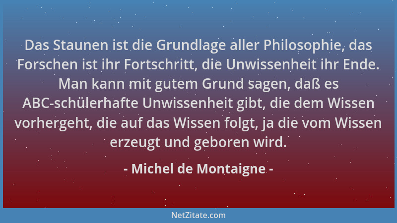 Michel de Montaigne - Das Staunen ist die Grundlage aller Philosophie, das Forschen ist ihr Fortschritt, die Unwissenheit i...