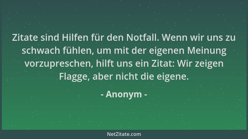 Anonym - Zitate sind Hilfen für den Notfall. Wenn wir uns zu schwach fühlen, um mit der eigenen Meinung vorzupreschen, hilf...