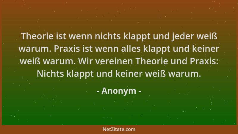 Anonym - Theorie ist wenn nichts klappt und jeder weiß warum. Praxis ist wenn alles klappt und keiner weiß warum. Wir verei...