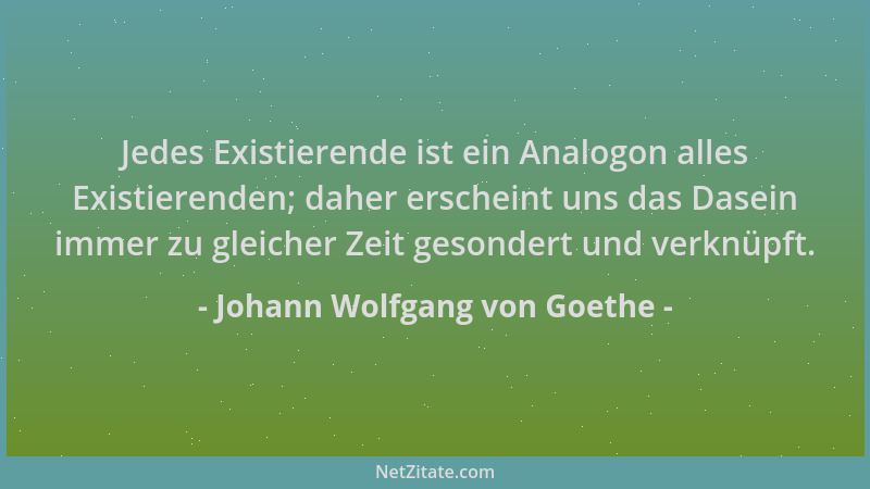 Johann Wolfgang von Goethe - Jedes Existierende ist ein Analogon alles Existierenden; daher erscheint uns das Dasein immer...