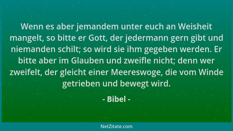 Bibel - Wenn es aber jemandem unter euch an Weisheit mangelt, so bitte er Gott, der jedermann gern gibt und niemanden schil...