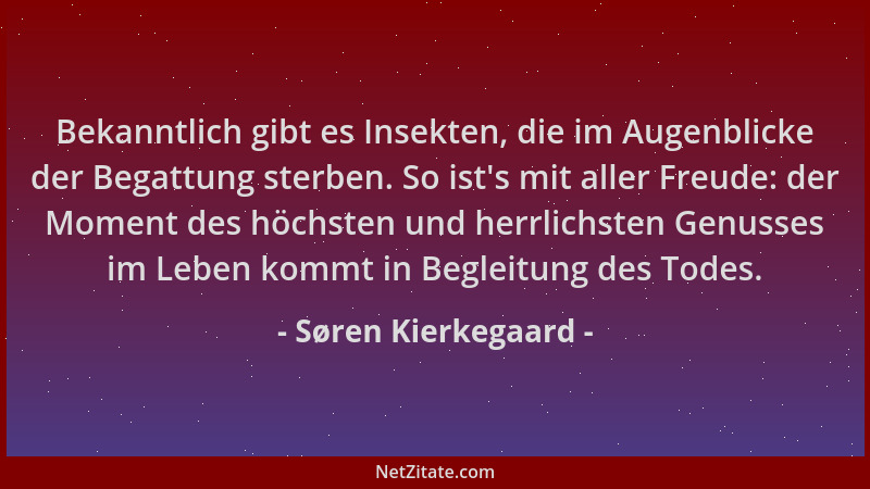 Søren Kierkegaard - Bekanntlich gibt es Insekten, die im Augenblicke der Begattung sterben. So ist 's mit aller Freude: der...