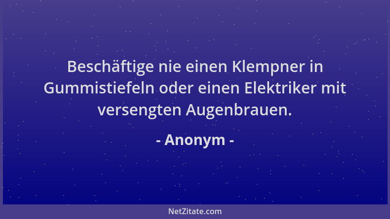 Anonym - Beschäftige nie einen Klempner in Gummistiefeln oder einen Elektriker mit versengten Augenbrauen....