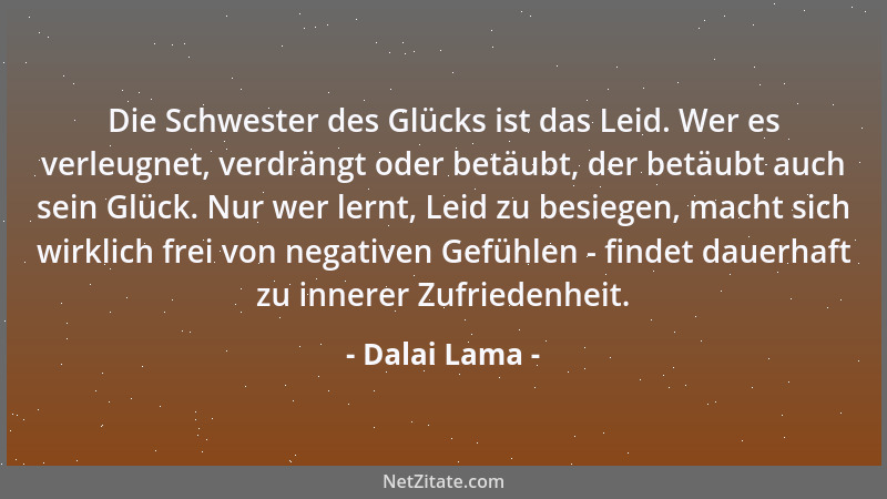 Dalai Lama - Die Schwester des Glücks ist das Leid. Wer es verleugnet, verdrängt oder betäubt, der betäubt auch sein Glück....